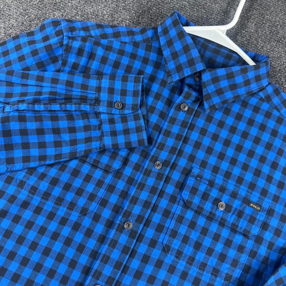 Polo Ralph Lauren Button Down Boys L 14-16 Blue Black‎ Buffalo Plaid Flannel